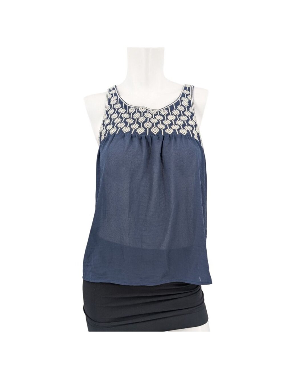 Love Stitch Embroidered Yoke Tank Top Sheer Coastal Cottage Festival Boho‎ Small
